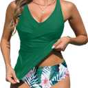 Yonique Tankini Swimsuits for Women Tummy Control Bathing Suits Two Piece Tankini Tops with Bikini Bottoms Twist Swimwear (Medium, Green)