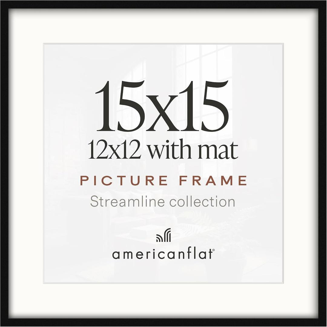 Americanflat 15x15 Picture Frame - Matted to 12x12 - Slim Molding - Black