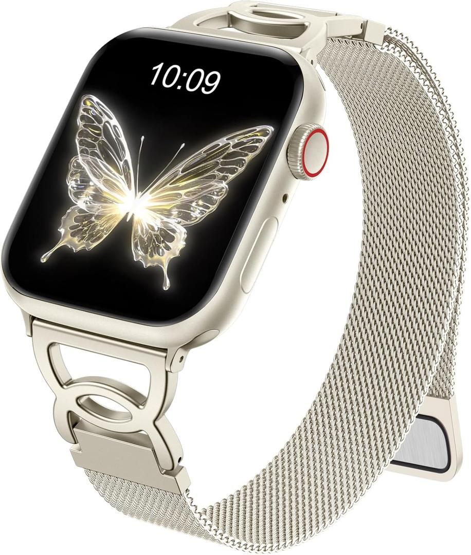 Adorve Slim Metal Band Compatible with Apple Watch Bands for Women  Thin Stainless Steel Mesh Loop Magnetic Wristbands for iWatch Bands Series 10 9 8 7 6 5 4 3 2 1 SE (Starlight), Size: 38/40/41/(42mm-Series 10) for wrist 5.5"-7.5"