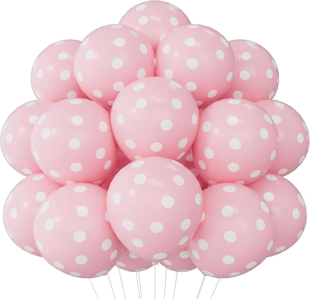 60PCS Pink Polka Dot Balloons 12 Inch Latex Helium Round Party Balloons Kit for Birthday Party Decorations