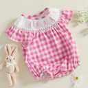 7 x Gueuusu Newborn Baby Girl Easter Outfit Bunny Embroidery Smocked Bubble Romper Short Sleeve One Piece Bodysuit Infant Clothes (2-3T, Plaid)