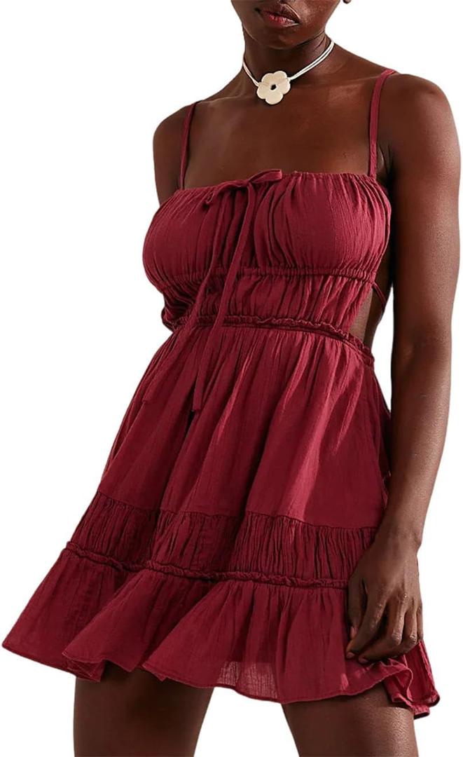 ForeMode Summer Deep V Neck Bohemian Women Mini Short Dress Backless Beach Boho Dress (Small, Aged Red198)