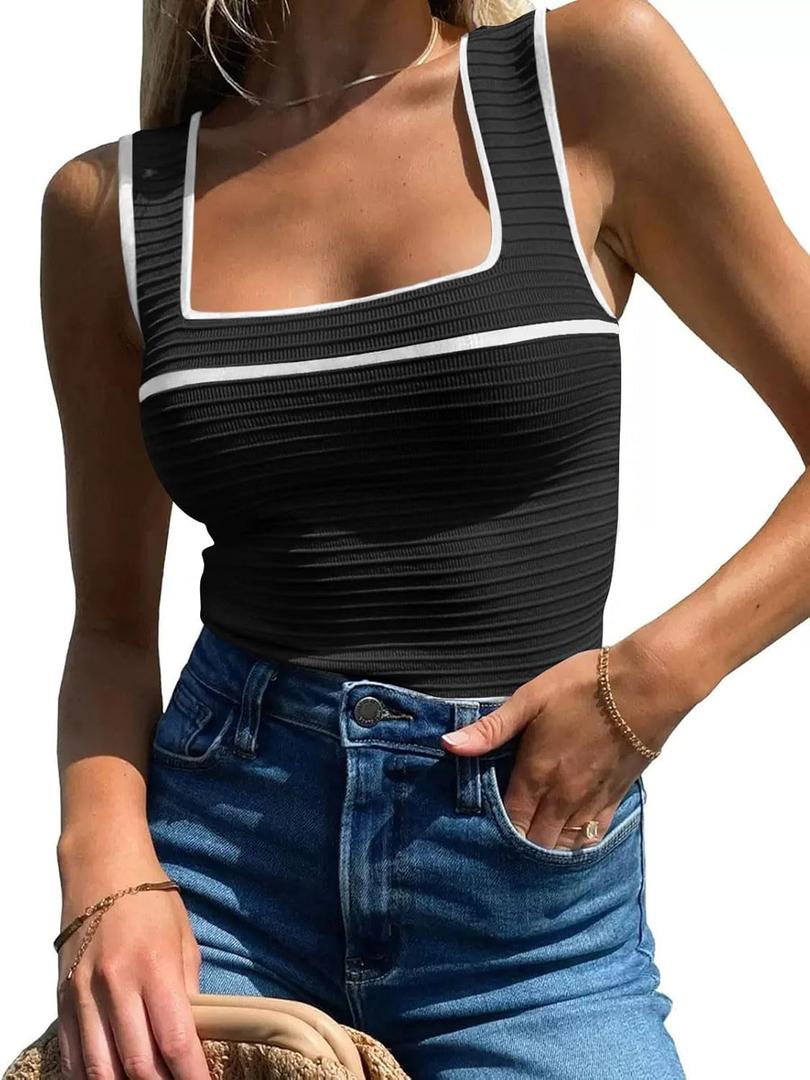 Women's Square Neck Tank Top Knit Ribbed Basic Tops Summer Casual Y2K Color Block Sleeveless Cami Tank Tops (Black, Size S)