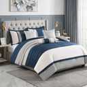 King Comforter Set Navy Cream Gray, Luxury Suede Feel, 7-Piece
