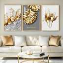 Framed Modern Luxury Large Gold Wall Art for Living Room, Set of 3 Piece Contemporary Paintings Artwork for Walls, Golden Leaf Prints with Gold Frame, Pictures for Office Wall Decor - Total 30" x 60"