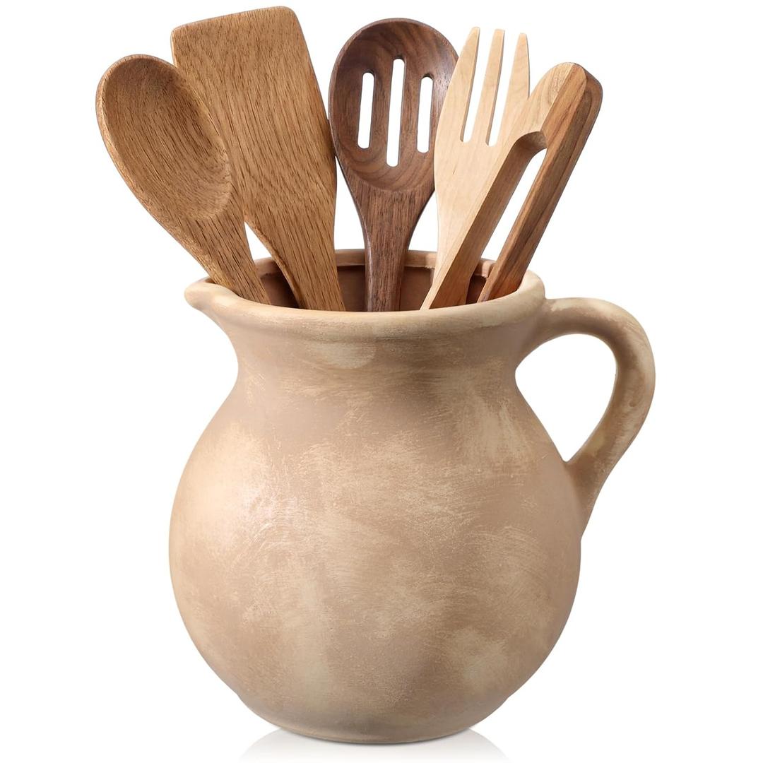 Potchen Rustic Kitchen Utensil Holder with Handle,7.48" H Ceramic Vintage Utensil Crock for Countertop, Farmhouse Kitchen Decoration Ceramic Pot for Spatulas Spoons Tongs(Classic,Antique Beige)