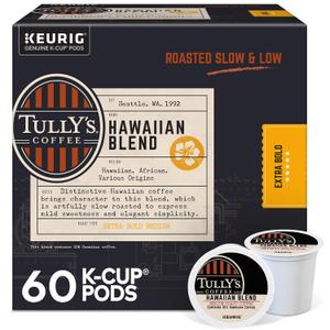 Tully's Coffee Hawaiian Blend, Keurig Single Serve K-Cup Pods, Medium Roast, 60 Count, (6 Packs of 10) (EXP 07/20/28)