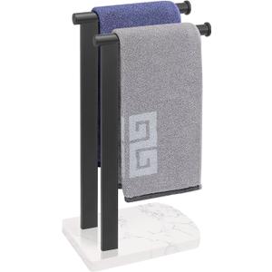 NearMoon Hand Towel Holder with Balanced Marble Base, SUS304 Stainless Steel Stand Towel Ring L Shape Hand Towel Rack Free-Standing Towel Bar for Bathroom Kitchen Countertop (Double Rod, Matte Black)