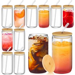 12 Pcs Glass Cups with Bamboo Lids and Straws - 16oz Glass Tumbler, Iced Coffee Cup, Can Shaped Drinking Glasses for Coffee, Tea, Smoothie, Juice, Cocktail Include 2 Cleaning Brushes