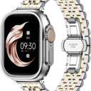 7-Beads Stainless Steel Watch Band For Men Women Compatible With Apple Watch 38mm/40mm/41mm/42mm/44mm/45mm/46mm//49mm Metal Watch Bands for iWatch Series 10/9/8/7/6/5/4/3/2/1 Ultra/SE (Gold- Silver)