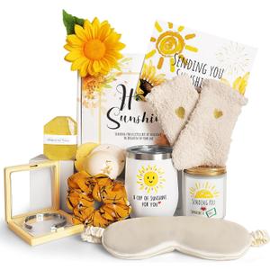 Birthday Gifts for Women, Sending Sunshine Christmas Gifts, Get Well Soon Gifts Basket Care Package Unique Spa Gifts Box with Wine Glasses for Thinking of You Her Sister Best Friend (Yellow)