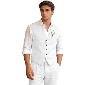 Aowdoy Men's Linen Suits 2 Piece Slim Fit Suit Prom Beach Wedding Groomsman Vest Pants Set Casual Summer Linen Outfit XL
