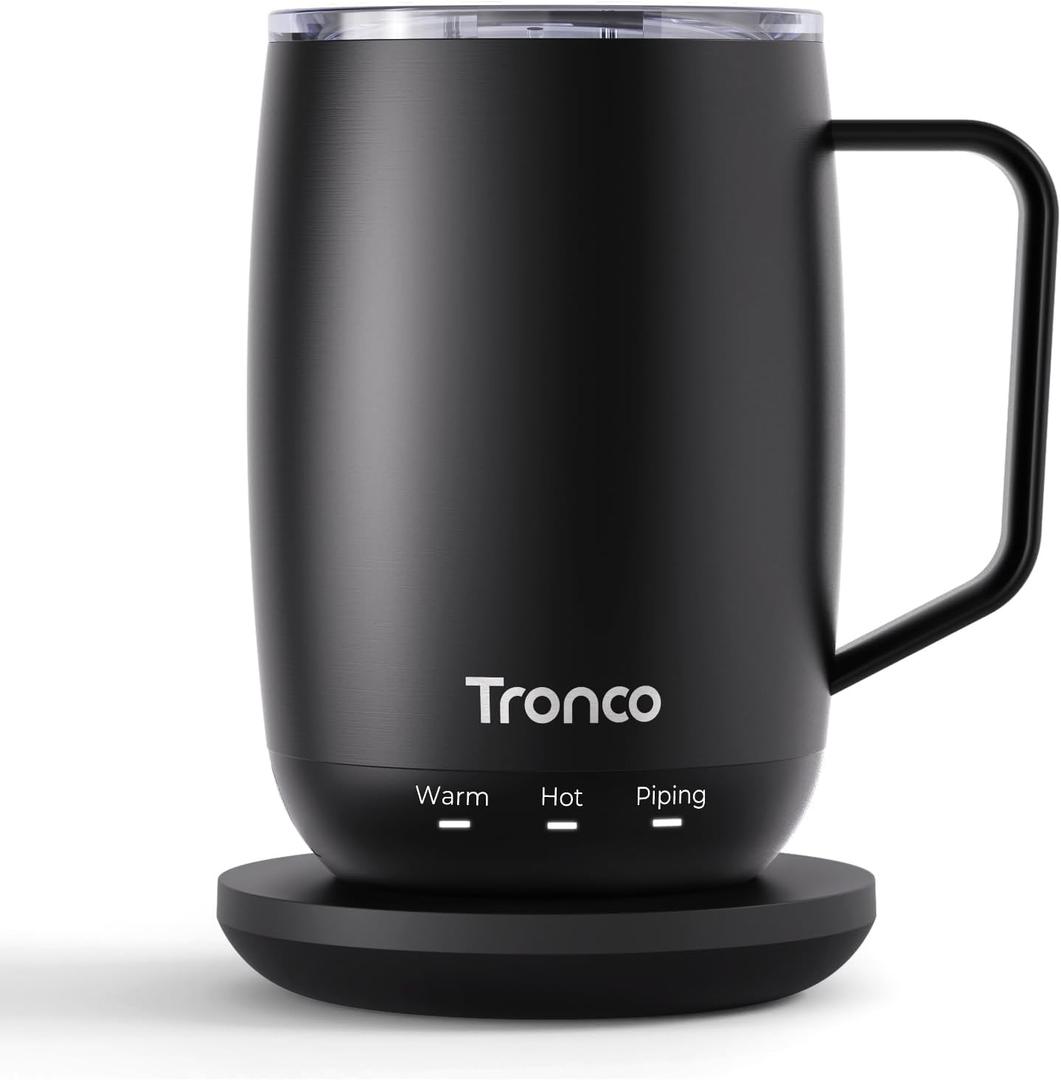 Tronco Temperature Control Heated Coffee Mug 14 oz Rechargeable Self-Heating Coffee Cup with Lid Manual Control, 3 Modes, 130 Min Battery Life, Auto Shut-Off, Black
