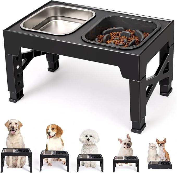 Niubya Elevated Dog Bowls, with Slow Feeder Bowl and Stainless Steel Dog Food Bowl, Raised Dog Bowls Adjusts to 5 Heights (3.15", 8.66", 9.84",11.02", 12.2") for Small Medium and Large Dogs