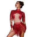 Yoyomomozi Sexy Rhinestone Gold Silver Sequin Tassel Bodysuit Stage Outfit Pole Dance Nightclub Party Drag Queen Team Costume (Red, One Size)