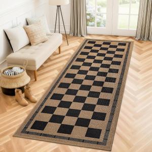 Vasofe 2x6 Jute Checkered Rugs, Outdoor Runner, Runner Rug for Hallway, Washable Patio Porch Balcony Runners Indoor Bedroom Kitchen Laundry Mat, Non Slip Plaid Farmhouse Carpet, Black and Brown