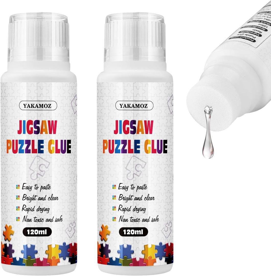 YAKAMOZ Jigsaw Puzzle Glue with Sponge Head for Adults Clear Water-Soluble Craft Glue Quick Dry for 1000/1500/3000 Pieces of Puzzle, 120 ML