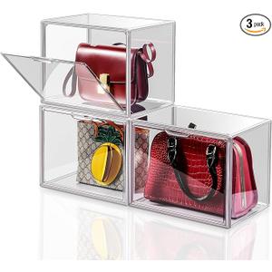 starogegc 3Pack Clear Plastic Handbag Storage Organizer for Closet, Acrylic Display Case for Handbag and Purse, Purse Organizer for Closet with Magnetic Door for Book, Toys, Hat