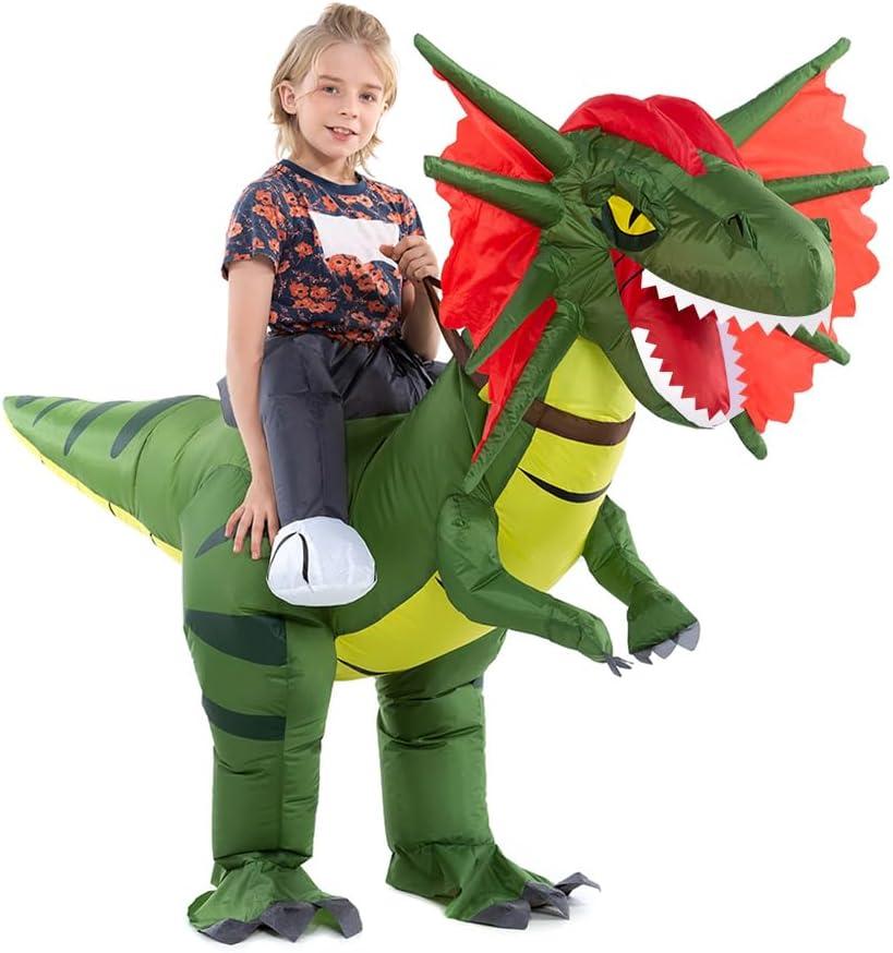 HSCTEK Child Inflatable Ride on Dinosaur Costume, T-rex, Velociraptor, Triceratops, Dilophosaurus, Pteranodon, Carnotaurus (Large)