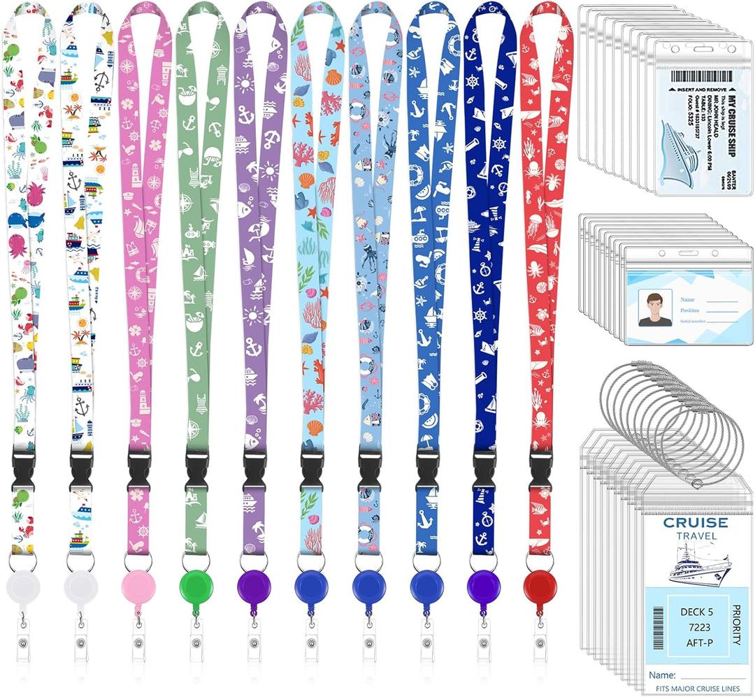 Prudiut 40 Pcs Cruise Lanyard Kits Includes 10 Pack Cruise Lanyards with 10 Pack Cruise Luggage Tag Holder and 20 Pack Waterproof Badge Holders Cruise Ship Essentials for Cruise Ship Key Cards