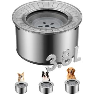 Heouvo 1 Gallon Large Dog Water Bowl No Spill,Anti Digging Lid & Rubber Bottom Spill Proof Dog Bowl, Anti Splash Mess Dripless Slow Drinking Stainless Steel Water for Sloppy Messy Drinkers Car (3.8L, Gray)