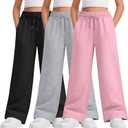 LessonZoo Teen Girls Sweatpants Wide Leg Drawstring Elastic Waist Pants Straight Leg Athletic Trousers with Pockets(Pink, Light Heather Gray, Black, 11-12 Years)