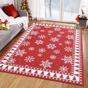 Christmas Area Rug Modern Bordered Machine Washable Rug Holiday Decorative Xmas Tree and Snowflake Floor Cover Carpet Non Slip Stain Resistant Accent Rug for Living Room Decor, Red, 3' x 5'