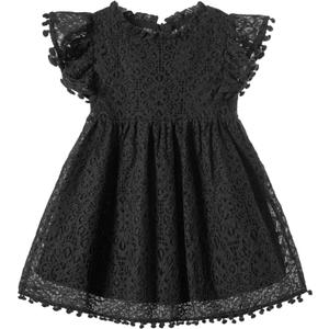 Niyage Toddler Girls Elegant Lace Pom Pom Flutter Sleeve Party Princess Dress (3T, Black)