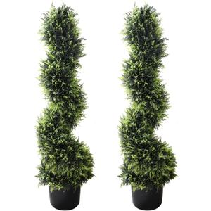 39 inchBoxwood Artificial Cedar Spiral Topiary Trees  Decorative Fake Greenery in Planter Pots for Front Porch, Outdoor Walkway, Entryway Decorating, Set of 2