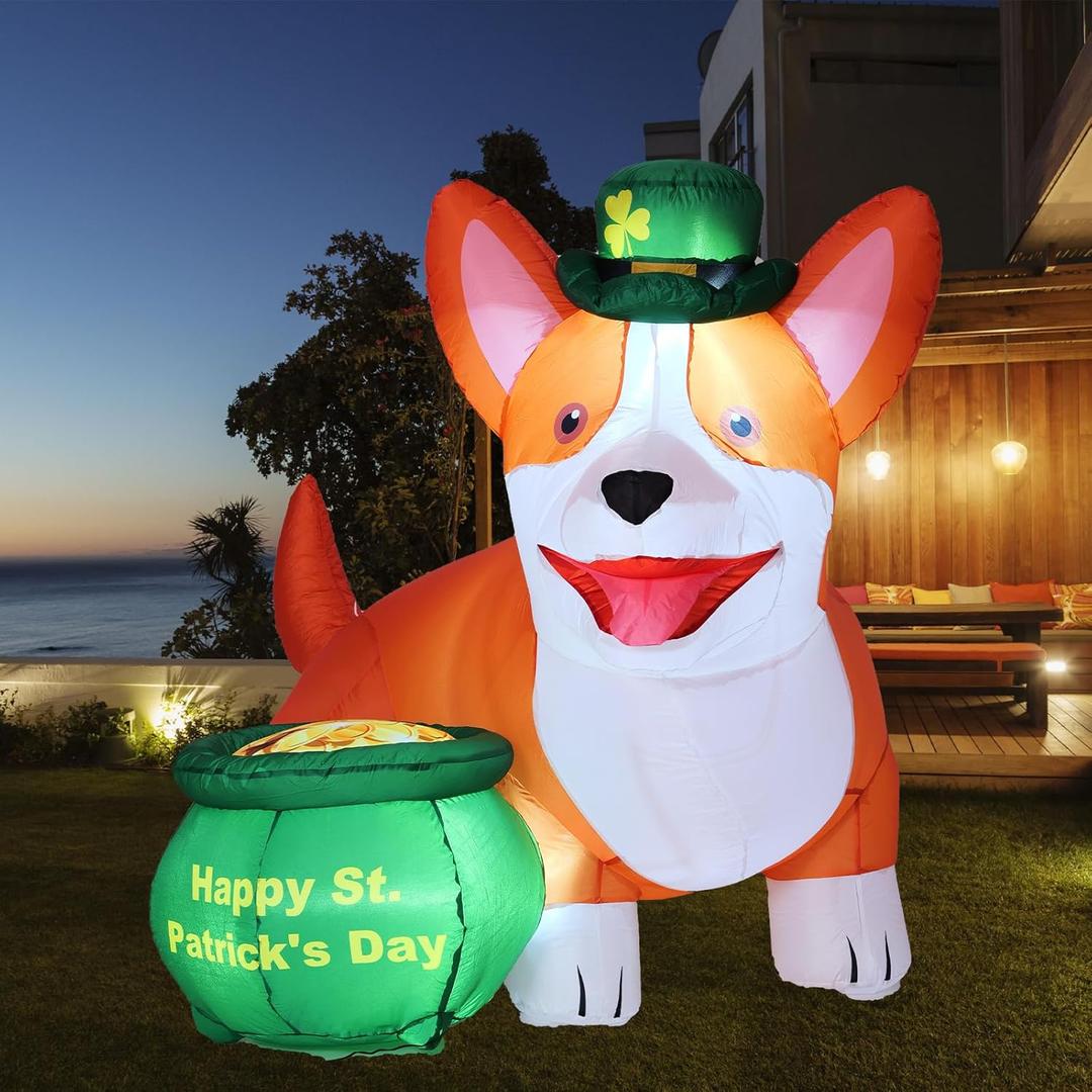 6FT St. Patrick's Day Inflatables Corgi Yard Decoration, Blow Up Dog with Gold Coin Outdoor Decoration with Bright LED Lights for Holiday Party Garden Lawn Decor