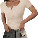 PRETTYGARDEN Women's 2025 Fall Summer Short Sleeve Tops Ribbed Henley Button Slim Fit Basic Casual T Shirts Blouse Clothing, Extra Small Beige 