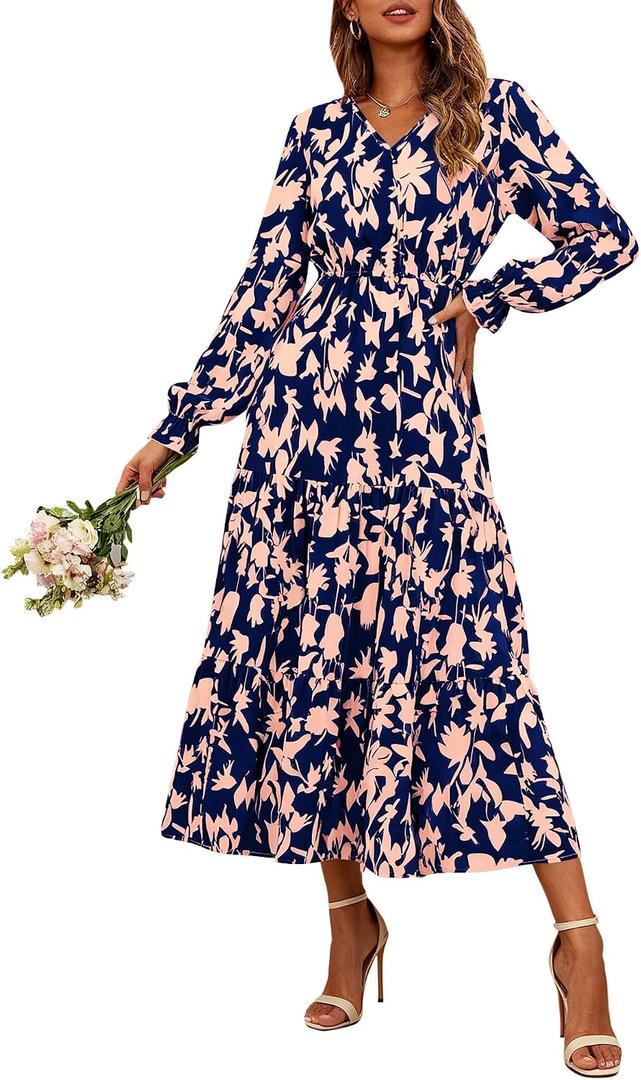 BTFBM Women Fall Dresses 2025 Casual Long Sleeve V Neck Maxi Dresses Floral Boho Long Dress Wedding Guest Dress (S)