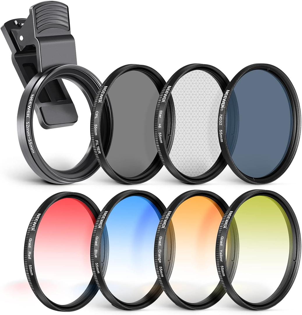 NEEWER 55mm ND/CPL/Effect Filter Set with Mobile Phone Camera Lens Clamp Clip, Polarizing ND32 6 Point Star 4 Graduated Colour Filters Kit Compatible with iPhone 16 15 14 Pro Max Plus 13 12 Samsung