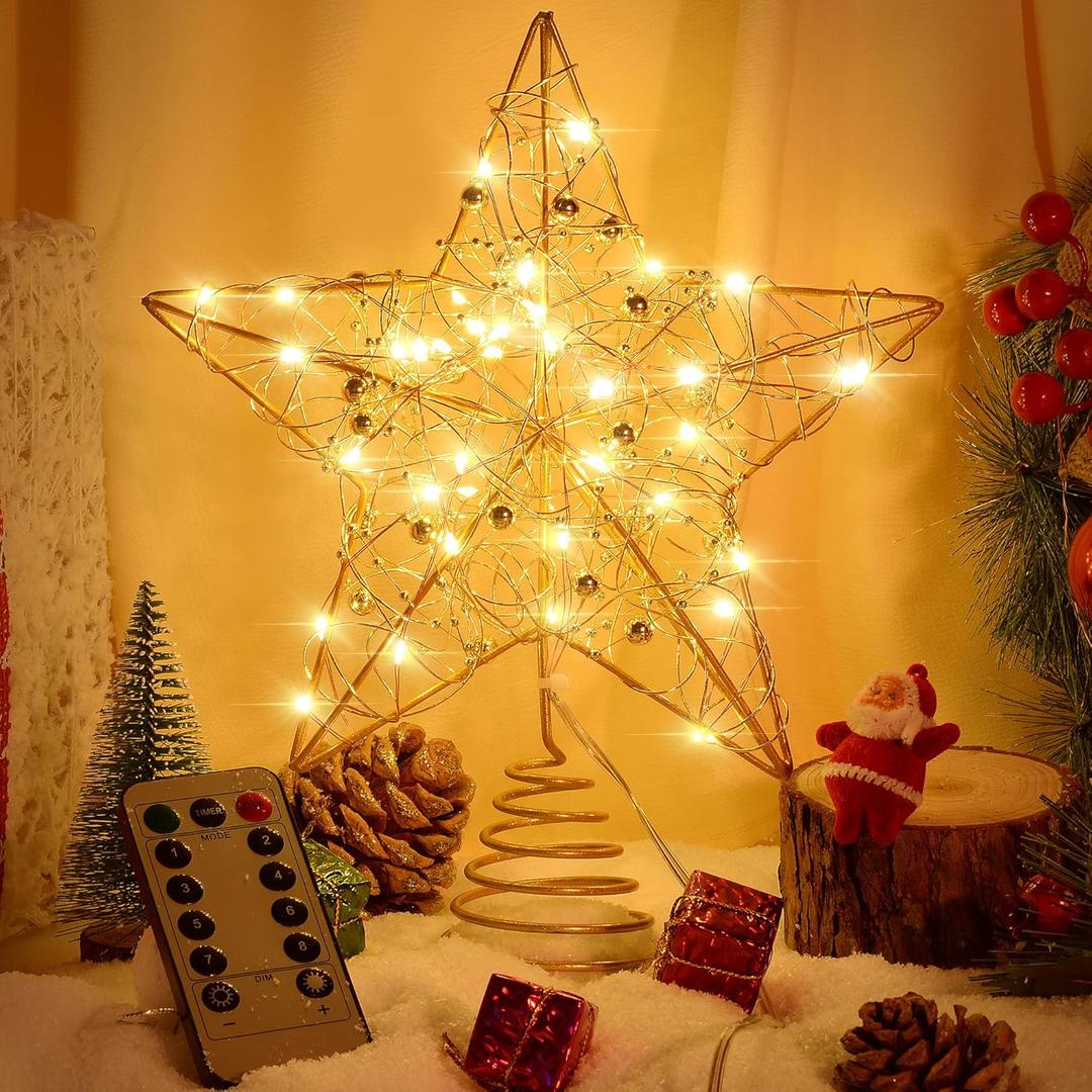 Verdenu Christmas Tree Topper, 40 Light Tree Topper Star, Christmas Tree Topper Lighted, Prolong Wire Gold Star Tree Topper with Remote Control for Christmas Decorations, Holiday, Vacation, New Year