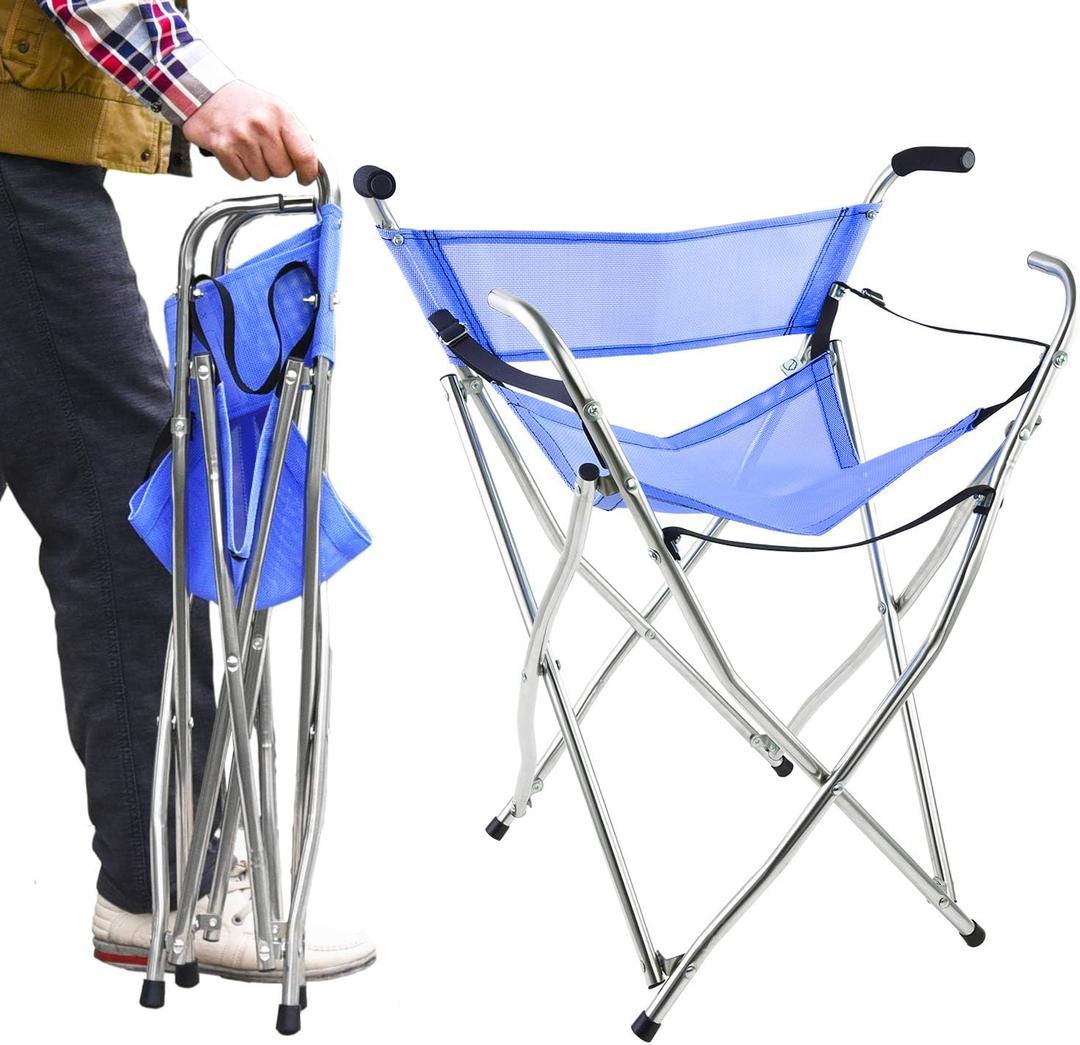 Freshore Walking Stick Folding Cane Seat for Women/Men with Heavy Duty - Walker Chair Bench Camping Travel Stool 2 Handle with 4 Legs (for Standard Figure) (Large (Pack of 1), Blue)