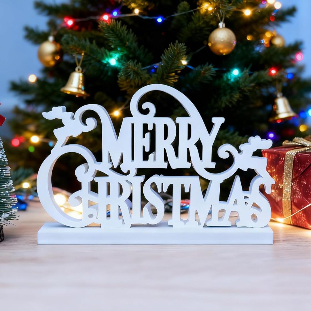 Merry Christmas Sign Table Decoration, Farmhouse Standing Centerpieces Wooden Blocks Merry Christmas Table Decor for Tiered Tray Xmas Tabletop Desk Mantel Shelf (White)