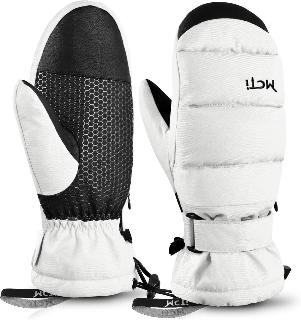 MCTi Ski Mittens Women's Snow Mitten Touch Screen Waterproof Insulated Quilted Mitts with Hidden Zipper (Medium, White)