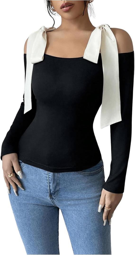 Women's Bow Knot Shoulder Colorblock T Shirt Long Sleeve Slim Fit Elegant Tee Tops (Large, Black)