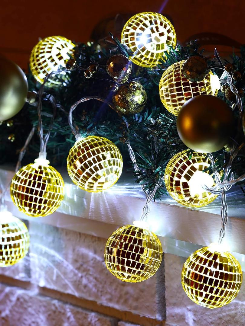 BBTO LED Disco Ball String Light Battery Powered Mirror Balls Ornaments for Outside Backyard Porch 70s 80s Disco Party Supplies(1.57 Inch, Gold)