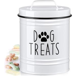 OUTNILI Small Dog Treat Container Airtight - 6" Tall X 4.9" Round White Dog Treat Jar for Kitchen Counter - Rustic Treat Storage Canister for Dogs, Cats, Small Animals - Gifts for Pet Owners