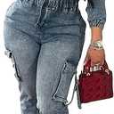 Tbahhir Denim Overalls for Women Cargo V Neck Long Sleeve Tunic Jumpsuits Slim Fit Long Jean Romper with Pockets XXL