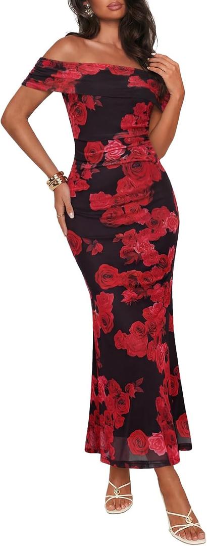 MEROKEETY Women's Spring Off Shoulder Floral Maxi Dress 2026 Summer Formal Beach Wedding Guest Cocktail Bodycon Dresses (Black, L)