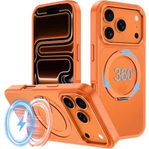Strong Magnetic for iPhone 17 Pro Max Case with Stand,Fit for MagSafe,360Rotatable Ring Designed,Translucent Matte Texture Protective Military Grade Shockproof,All Orange