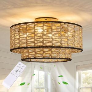 20" Boho Ceiling Fan Light with Remote Control, Double Layer Hand Woven Toast-Colored Rattan with Black Trim Flush Mount Fan Light with Lights for Bedroom, Living Room, Kitchen