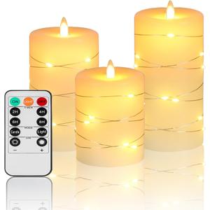 Flameless Candles With Remote, Battery Operated Candles LED Candles with string lights Flickering Candles with Timer, 4 5 6 Candle For Seasonal and Festival Celebrations Candles set of 3 (Ivory white - 3 Pack)