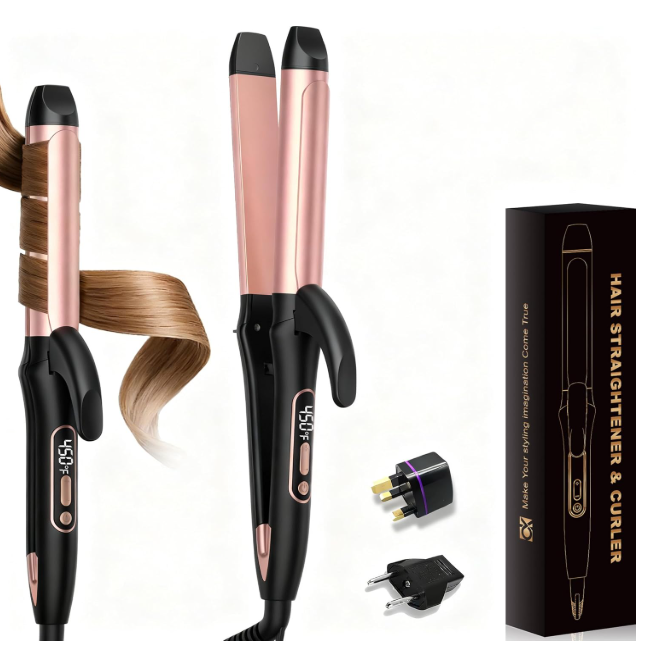 2 in 1 Curler and Straightener Travel Dual Voltage Curling Iron 1.25 Inch Normal Size Hair Curler Ceramic with EU/UK Plug Adapter for Travel Curling Wand Adjustable Temperature and Anti-Tangle 