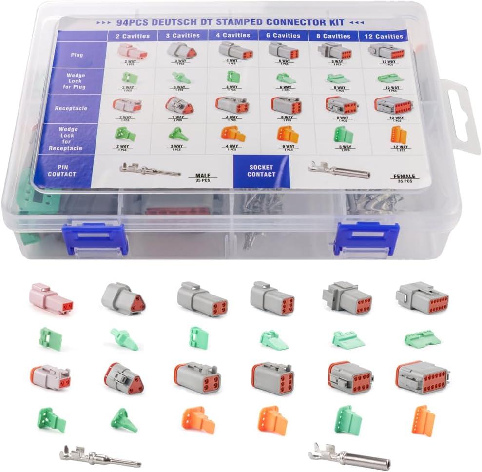 94Pcs 6 Sets Deutsch DT Connector Kit2/3/4/6/8/12 Pin DT Connectors with Size 16 Stamped Contacts, IP68 Waterproof Automotive Boats Connectors, T Stamped Connectors