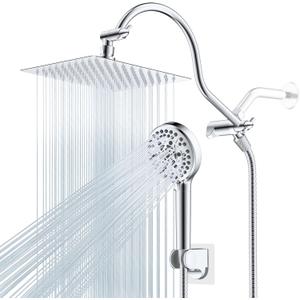 Hibbent All Metal Shower Head, 8'' High Pressure Rainfall Shower Head, Handheld Showerhead Combo with 12'' Adjustable Curved Extension Arm, 10-Spray, 71'' Hose, Adhesive Showerhead Holder, Chrome
