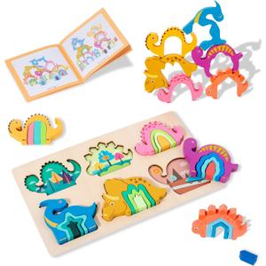 Adena Montessori 24PCS Wooden Stacking Puzzles for 3-6 Year Old Toddler, Wooden Sorting Stacking Toy for Baby Boys Girls 3+,Educational Learning Shape Sorter Color Stacker Preschool Kid Gift (Dinosaur)