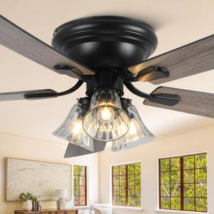 52 Inch Flush Mount Farmhouse Ceiling Fans with Lights and Remote Control, 5 Reversible Blades Vintage Low Profile Ceiling Fan with 3-Light 6 Speeds for Living Room Bedroom Kitchen